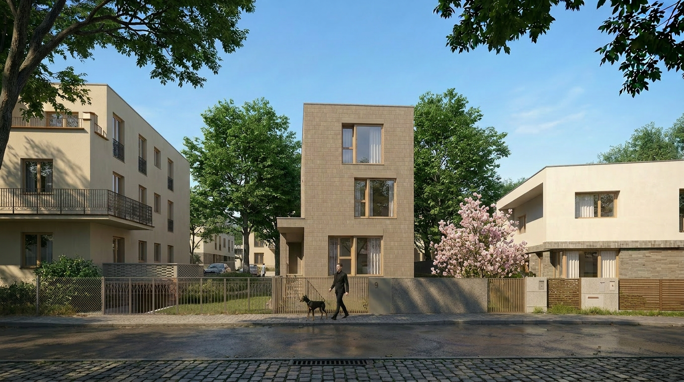 FLAGOVA — elewacja ceramiczna w złotej godzinie, Warszawa Włochy